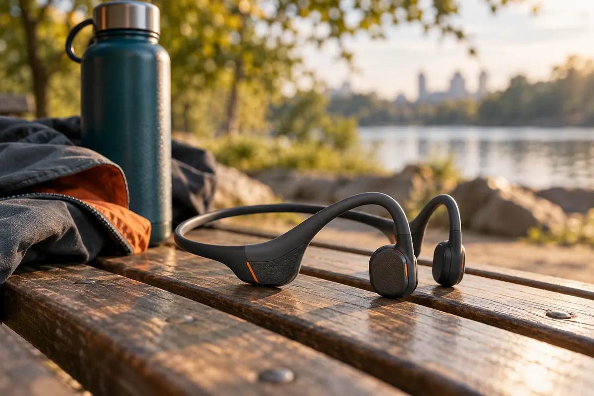 Casque à conduction osseuse noir sur un banc de parc ensoleillé à côté d’une gourde et d’une veste pliée